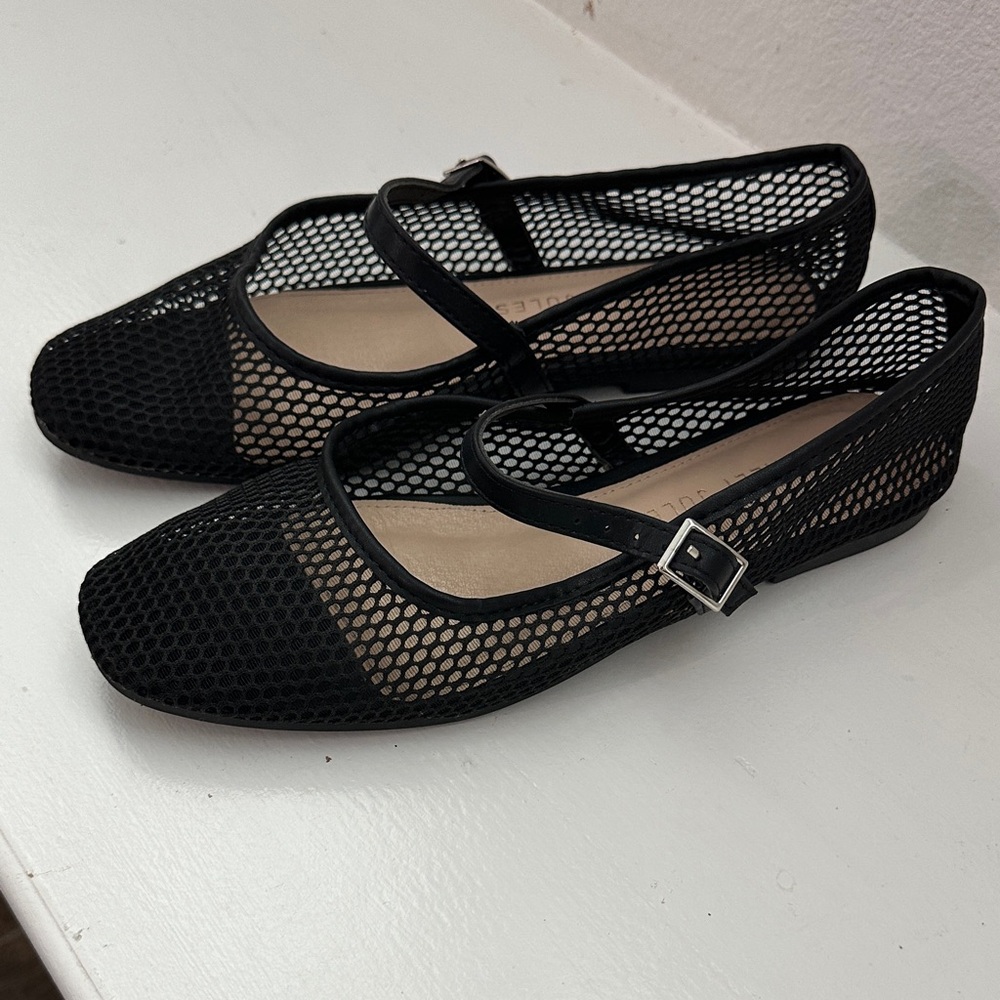Sincerely Jules Black Mesh Mary Jane Flats with Buckle